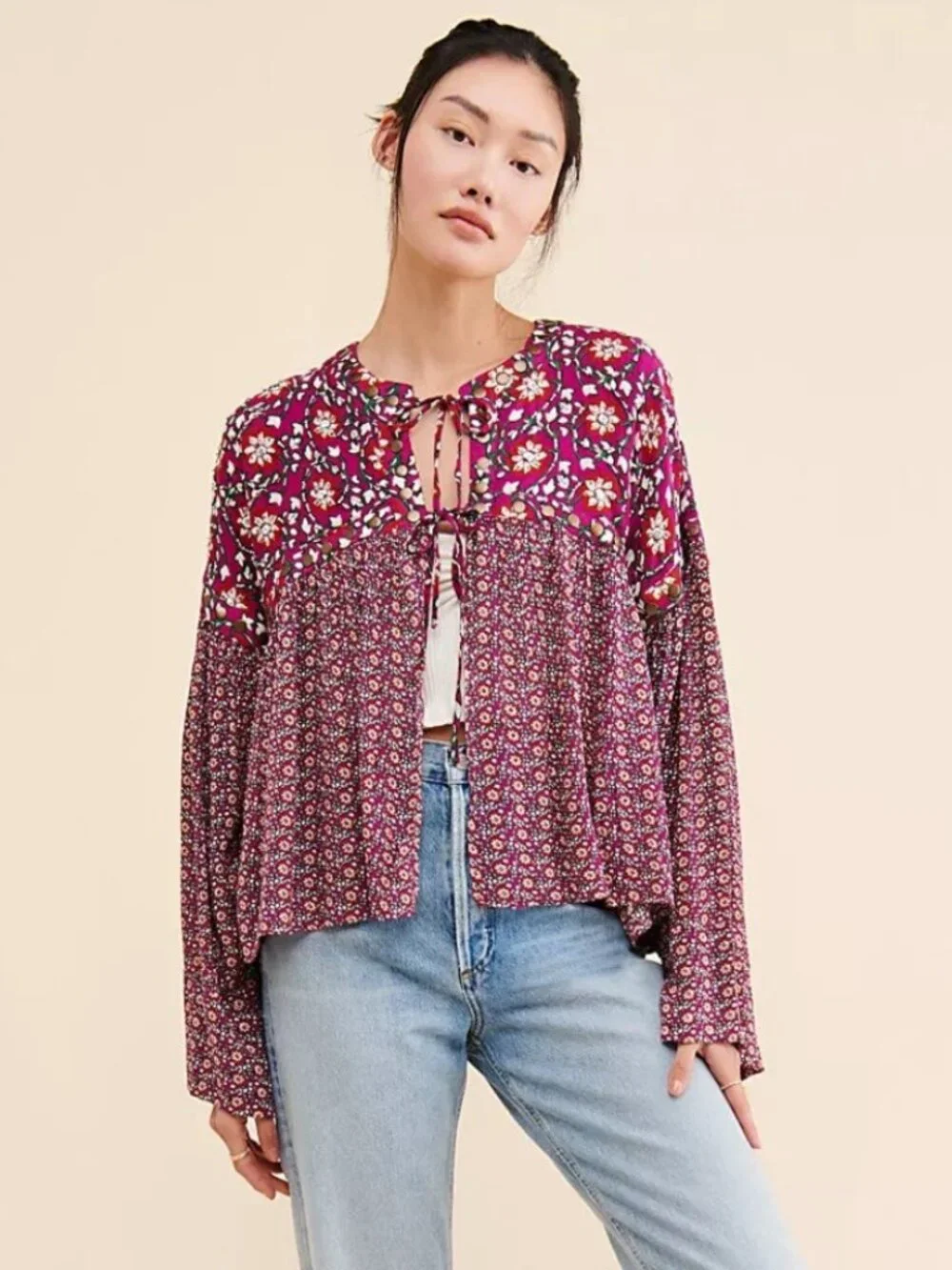 FREE PEOPLE Malia Babydoll Jacket Beaded Floral Tie Front Size S